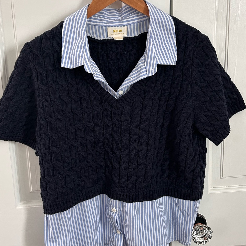 Maeve Navy Cable Knit Sweater with Blue Striped Shirt